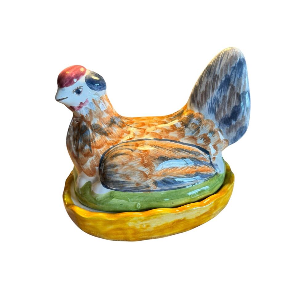 2 pc Chicken Canister Lid Colorful Ceramic Hen Candy Jar Trinket Made Portugal